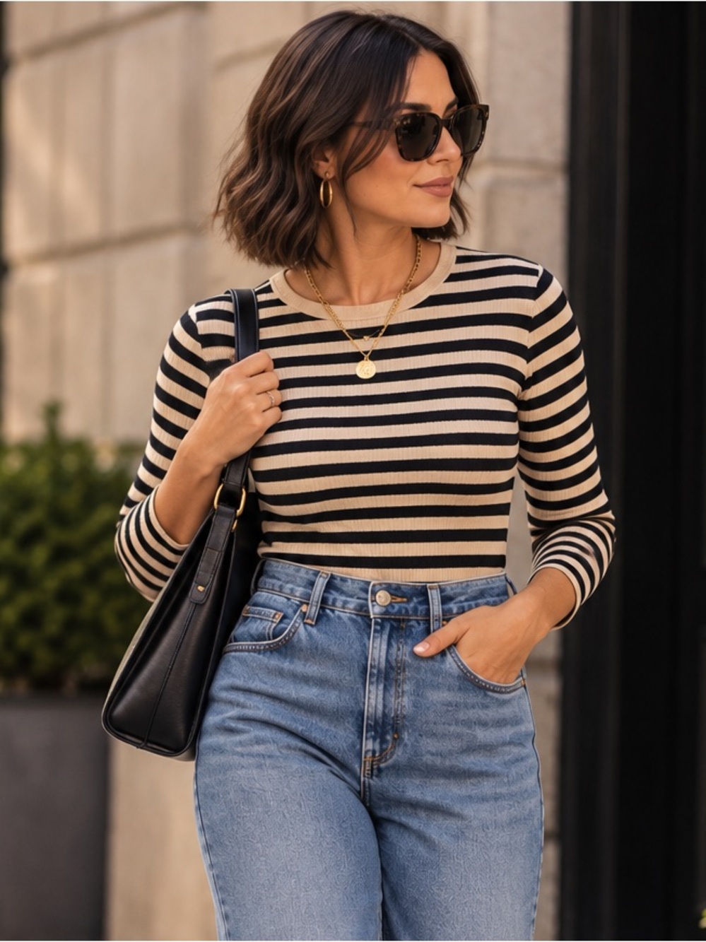 H&M Black Beige Striped Ribbed Long Sleeve Top Size XL